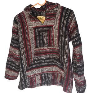 Vtg Iguana Jack Mexican Baja Hoodie Striped Drug Rug Pullover Red Black Small